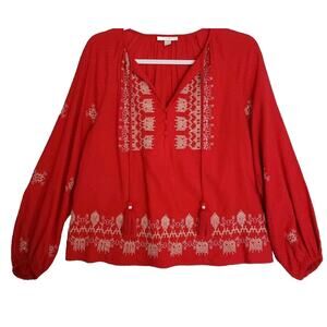KNOX ROSE SIZE XS (oversized) Cross-stitched EMBROIDERED Red Boho 3/4 Sleeve Top